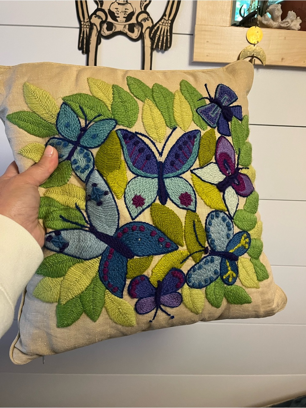 Vintage Crewel Butterfly Throw Pillow in Green and Blue